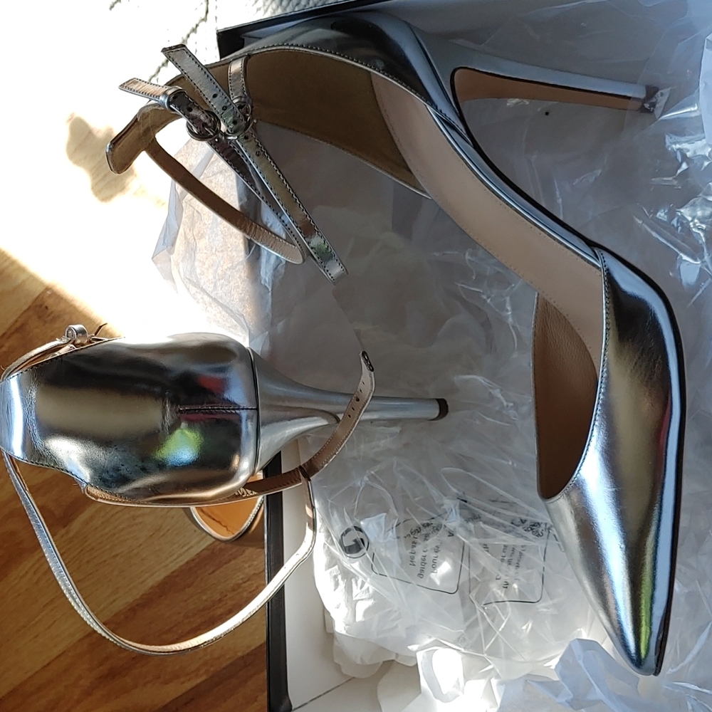J. Crew silver metallic heels with ankle strap. In box.